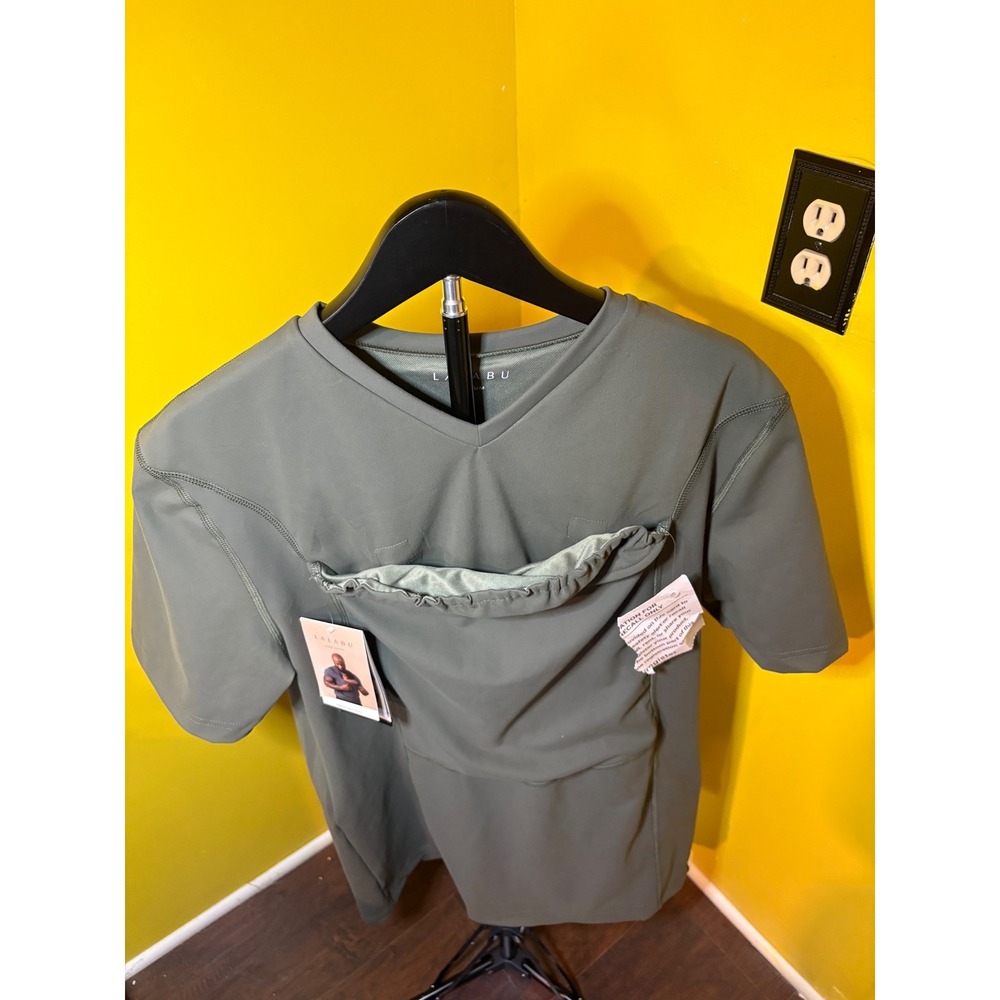 Lalabu Dad Shirt Mens Medium NWT Olive Green Baby Kangaroo Pouch V-Neck